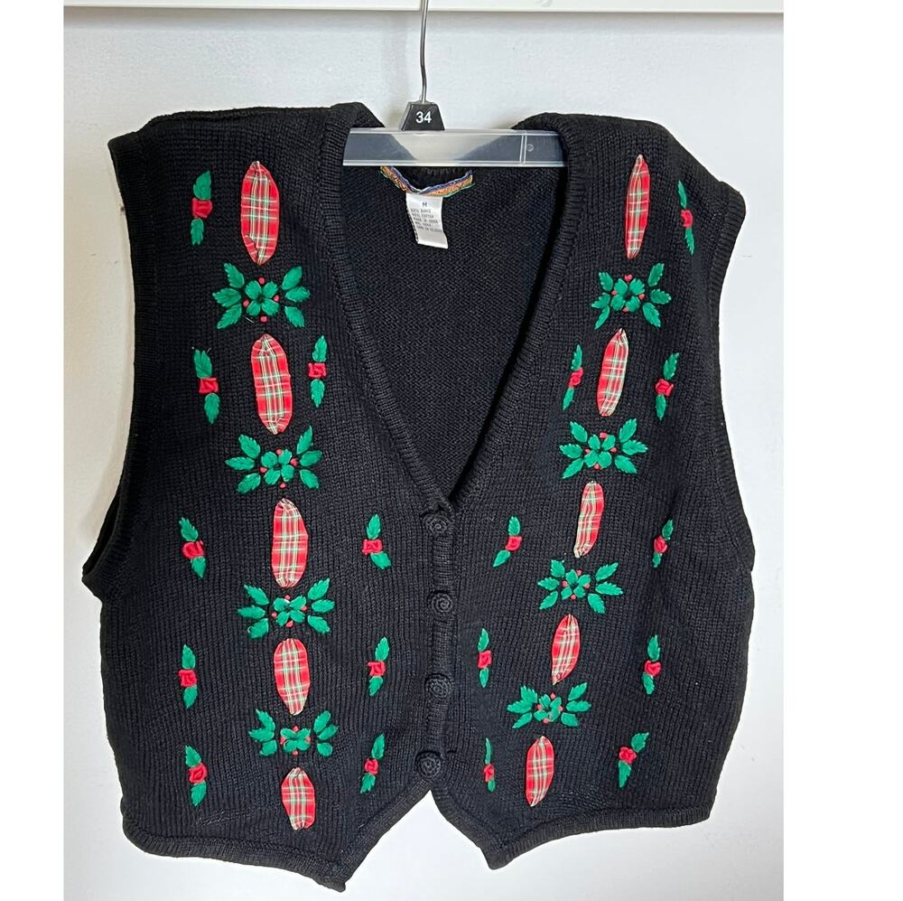 Vintage Bryn Connelly christmas sweater vest, plaid ribbon, holly, Medium